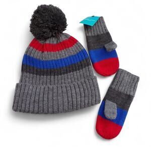 West Loop Kid's Hat Mitten Set Ribbed Pom Pom Gray Blue Red One Size
